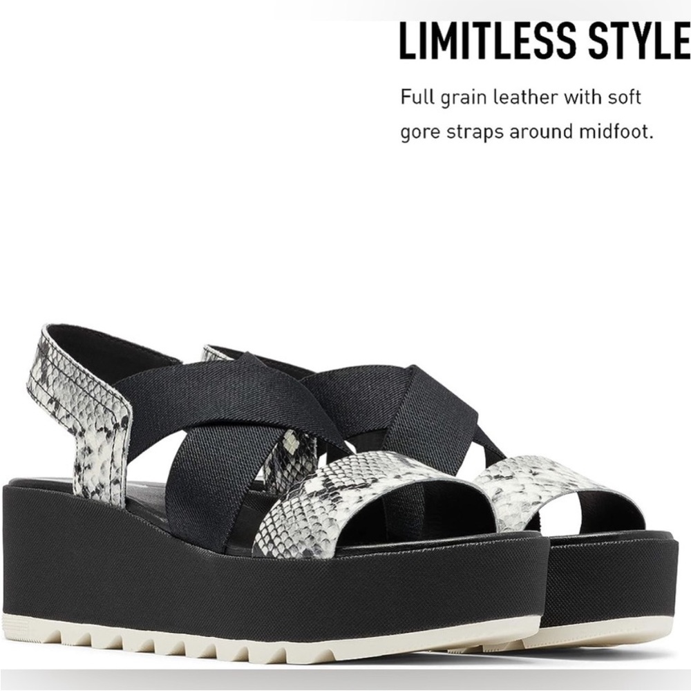 New Sorel Cameron Flatform Leather Fabric Strappy Sandals Womens 7 Black White